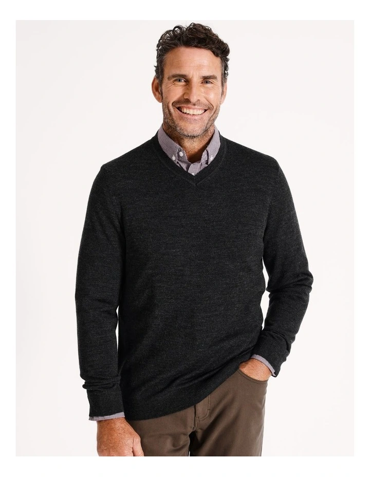 Australian Merino V-Neck Knit in Charcoal