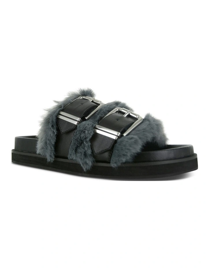 Zali Fluffy Slide Sandals in Charcoal
