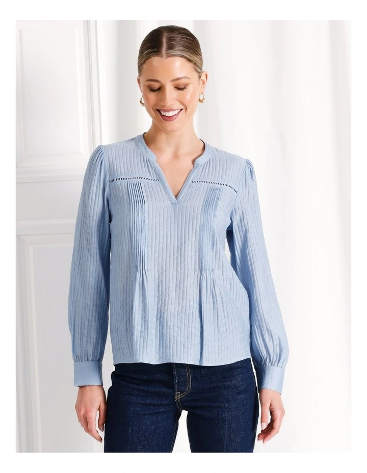 Long Sleeve Pintuck Ladder Trim Top in Light Blue