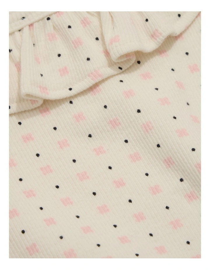Organically Grown Cotton Frill Rib Long Sleeve Bodysuit in Marsh Mini Geo