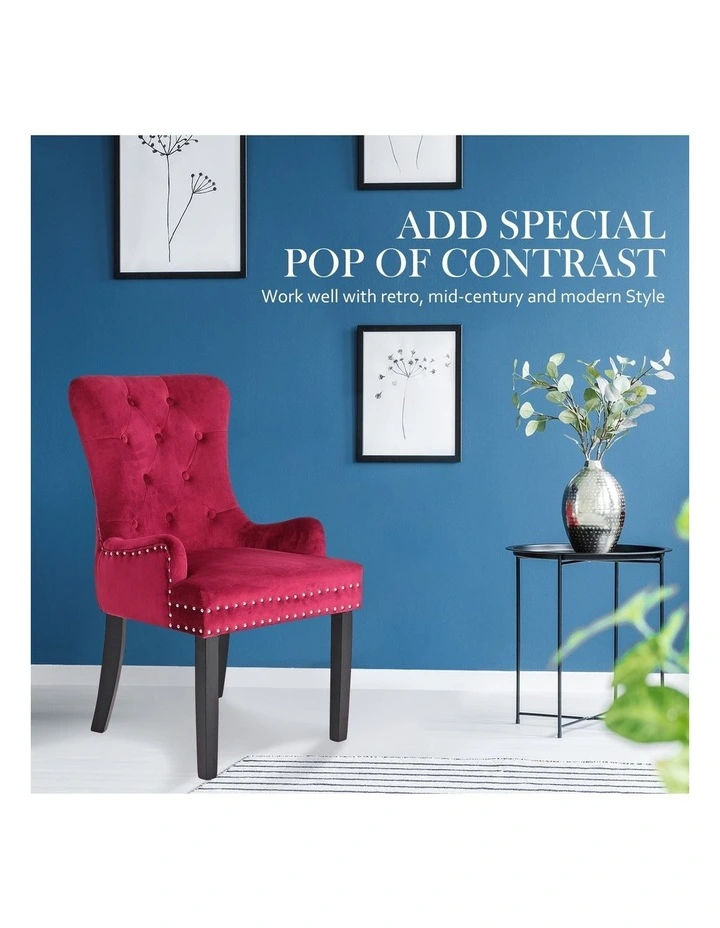 French Provincial Ring Studded Lisse Velvet Dining Chair in Red