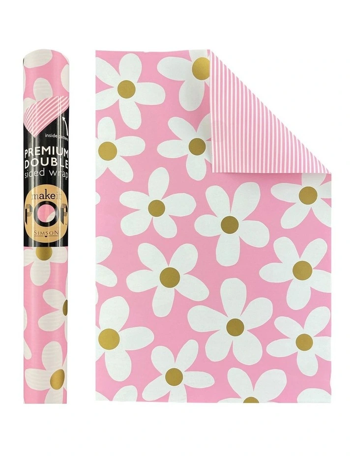 White and Gold Daisies on Pink Roll Wrap