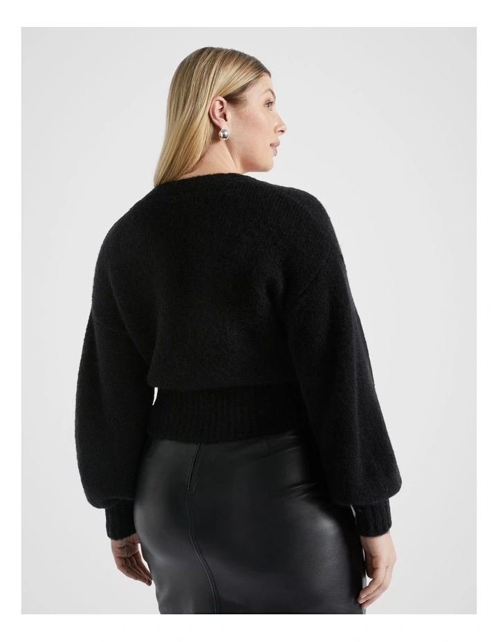 Wool Blend V Neck Knit in Black