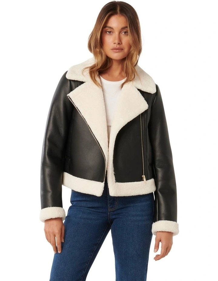 Jessy Vegan Leather Aviator Jacket in Black Multi