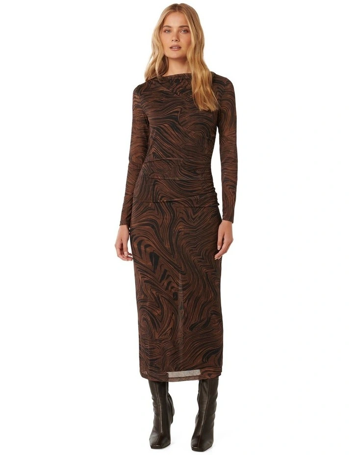 Loretta Ruched Side Midi Dress in Brown