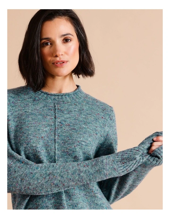 Recycled Polyester Blend Curved Hem Jumper With CF Seam In Teal Muti Fleck