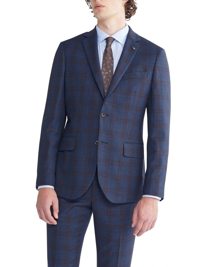 Wool Blend Textured Check Slim Suit Jacket in Navy