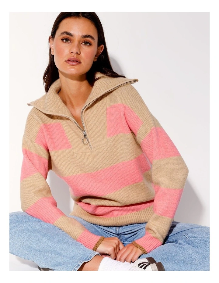 Zip Neck Knit Jumper in Sweet Pink/Tan Stripe