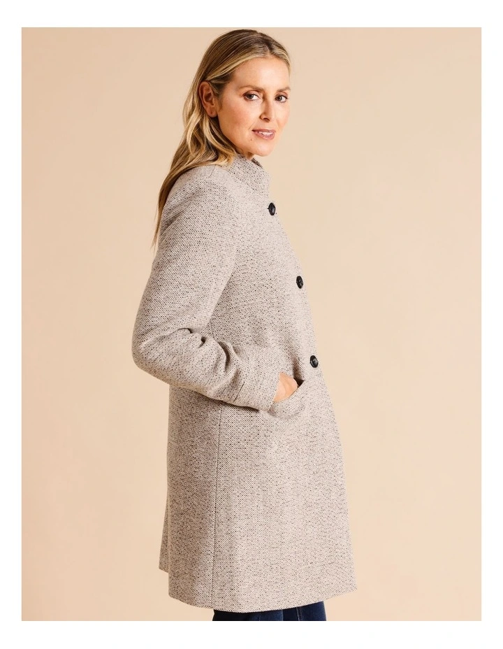 Lined Stand Collar Coat With Waist Seam And Pockets In Neutral Tweed