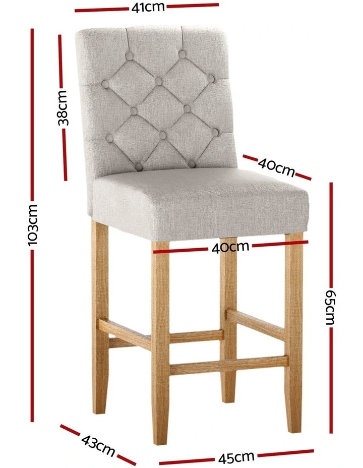 Wooden 2x Bar Stools Linen Upholstered in Beige