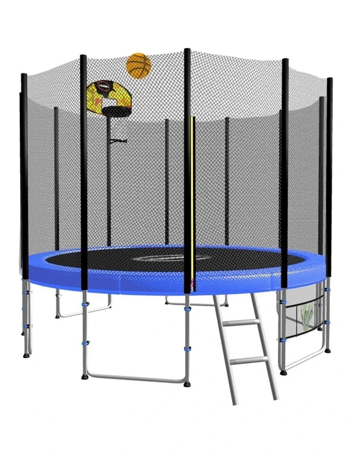 12ft Round Spring Trampoline with Net, Pad, Mat, Ladder and Basketball Set Blue