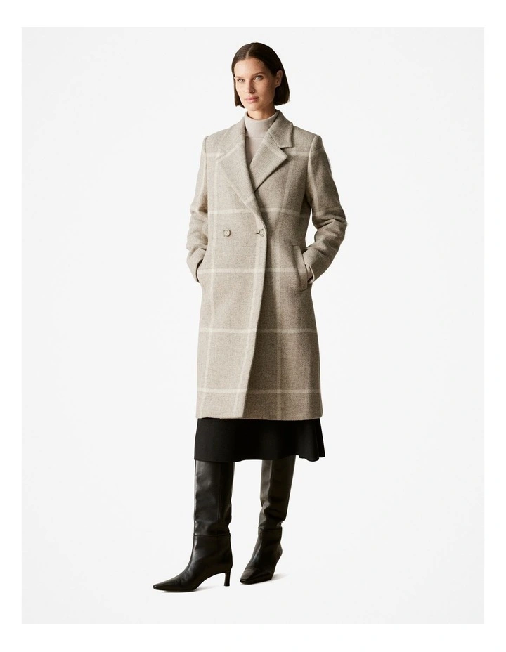 Undyed Wool Blend Check Car Coat in Natural Marle