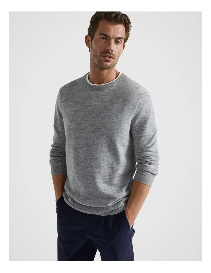 Merino Wool Crew Neck Knit in Grey Marle