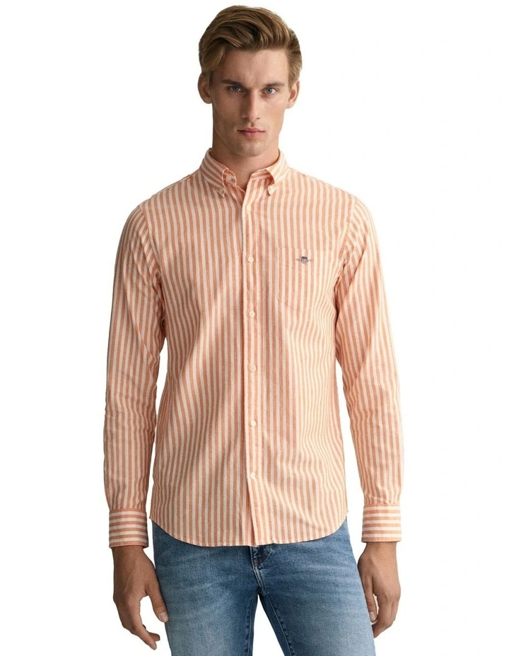Cotton Linen Stripe Long Sleeve Shirt in Apricot Orange