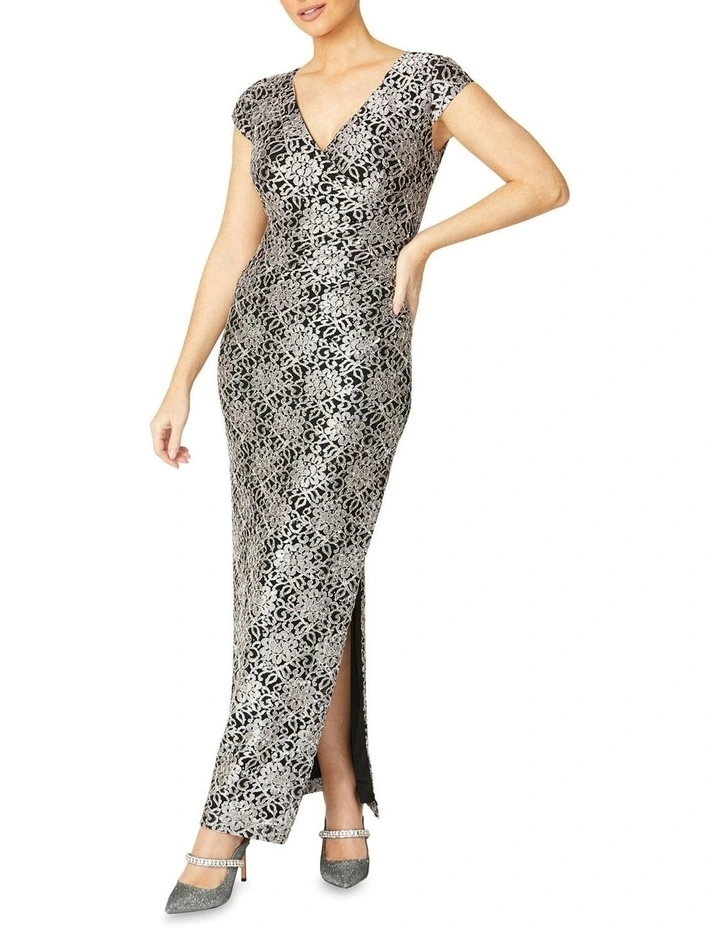 Aurelia Stretch Lace Gown in Silver