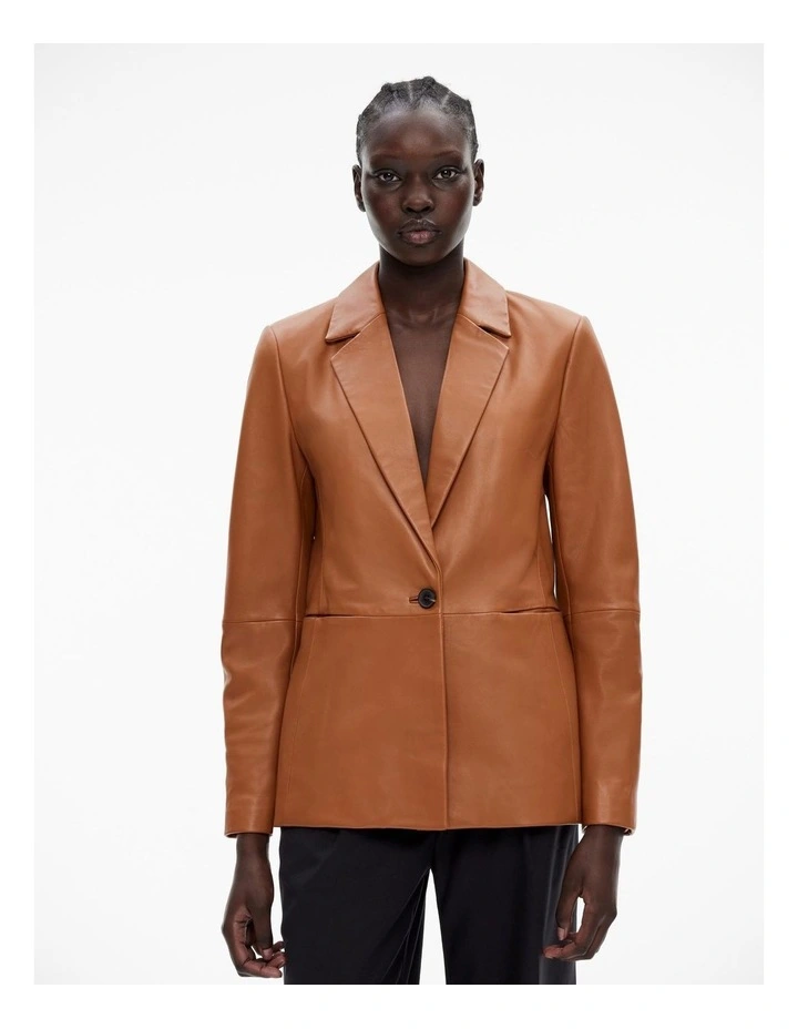 Leather Dart Detail Single Breasted Blazer in Cognac
