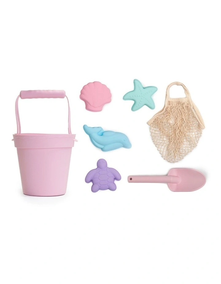Silicone Beach Toys Bucket, Spade & Mould Set with Cotton Mesh Tote