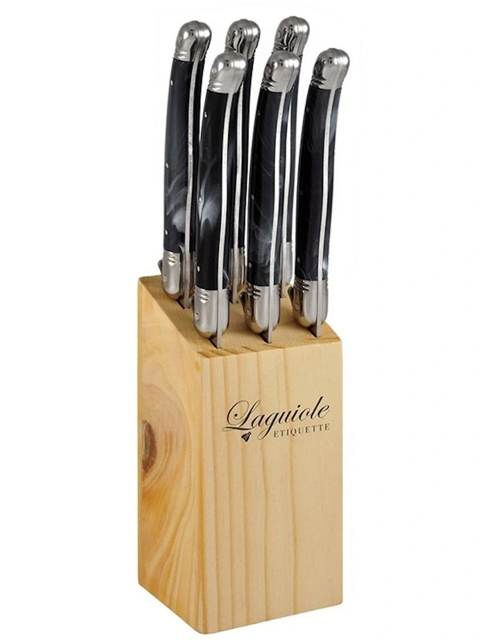 7 Piece Stainless Steel Steak Knife with Square Block in Black