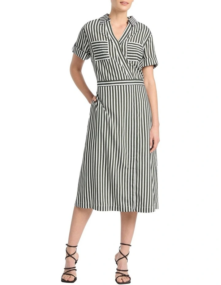 Cerys Stripe Wrap Dress in Moss/White