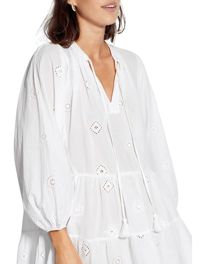 Embroidery Tiered Dress in White