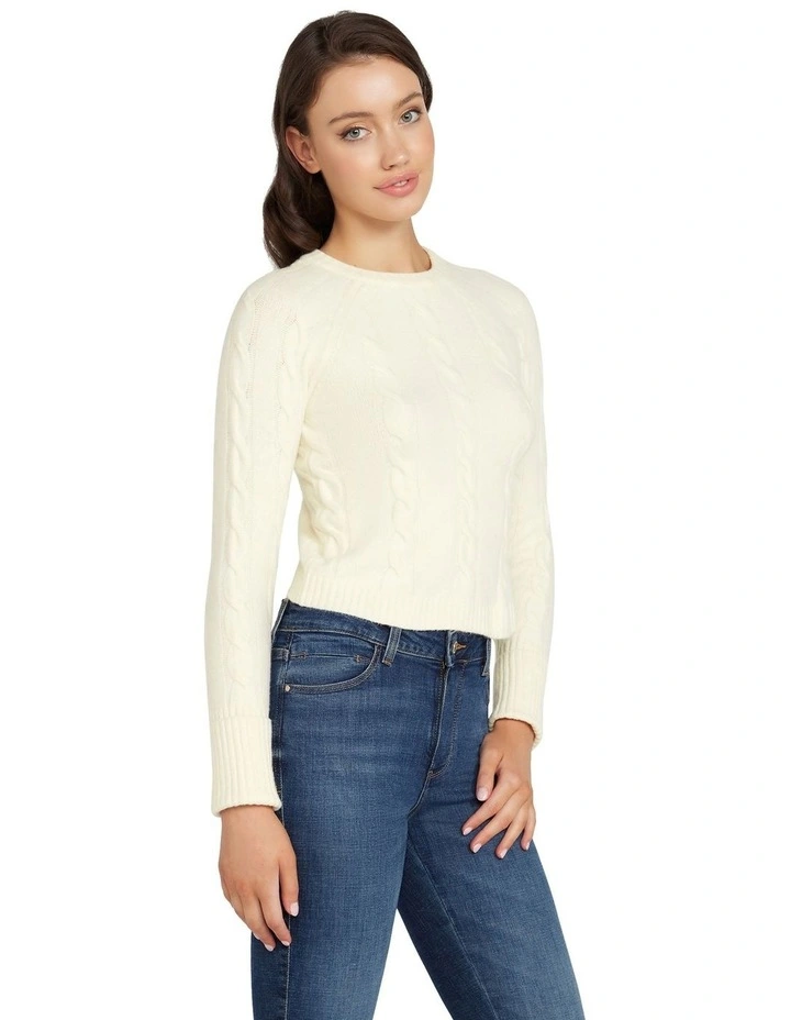 Long Sleeve Round Neck Denise Cable Sweater in Cream