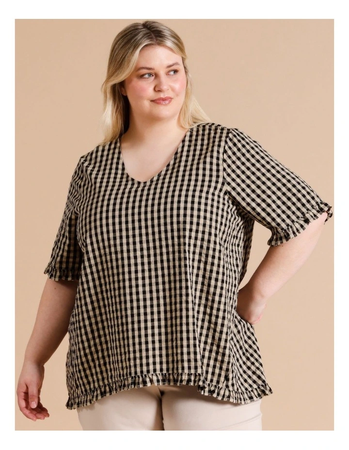 Frill Hem and Short Sleeve Top in Black/Neutral Gingham