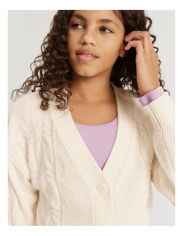 Teen Cropped Cable Cardigan in Marshmallow