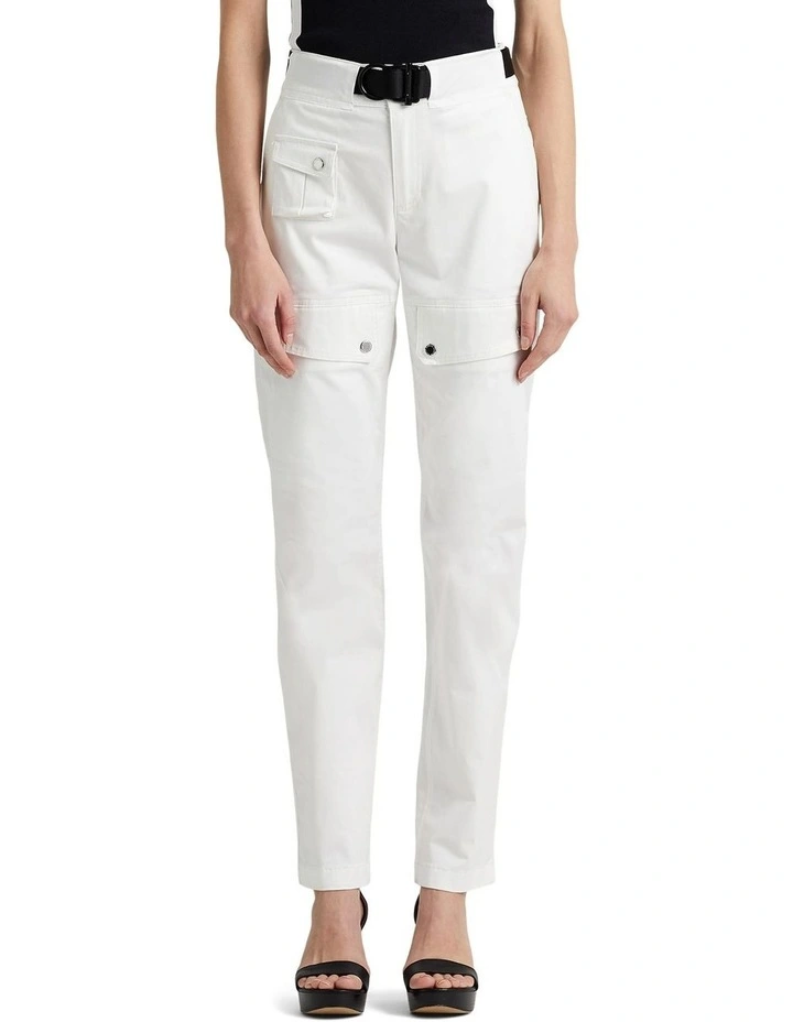Belted Sateen Cargo Pant in White