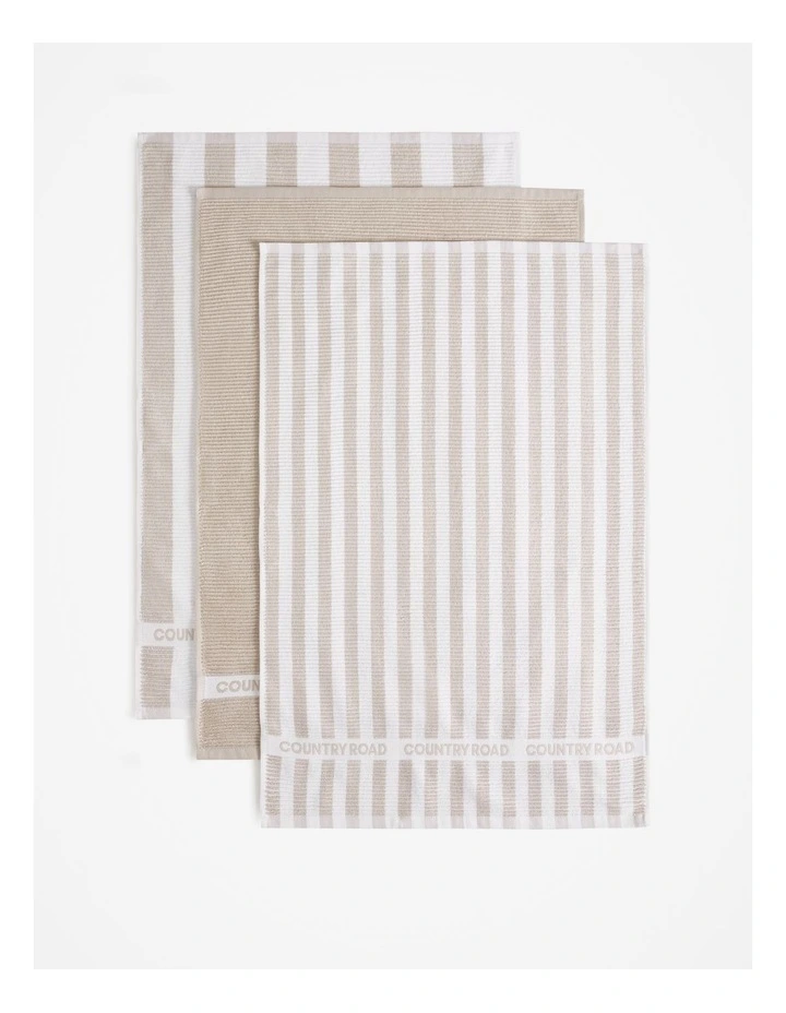 Stripe Australian Cotton Tea Towel Pack of 3 in Stone