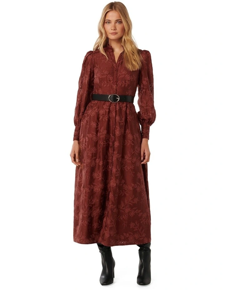 Autumn Embroidered Midi Dress in Red