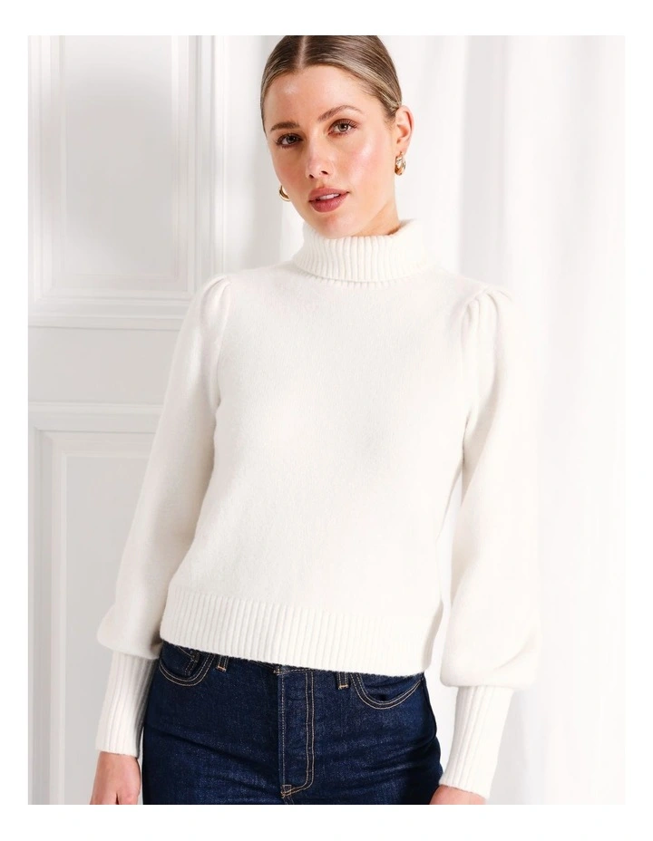 Recycled Blend Lofty Roll Neck Blouson Sleeve Jumper in White