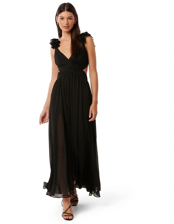 Selena Ruffle Shoulder Maxi Dress in Black