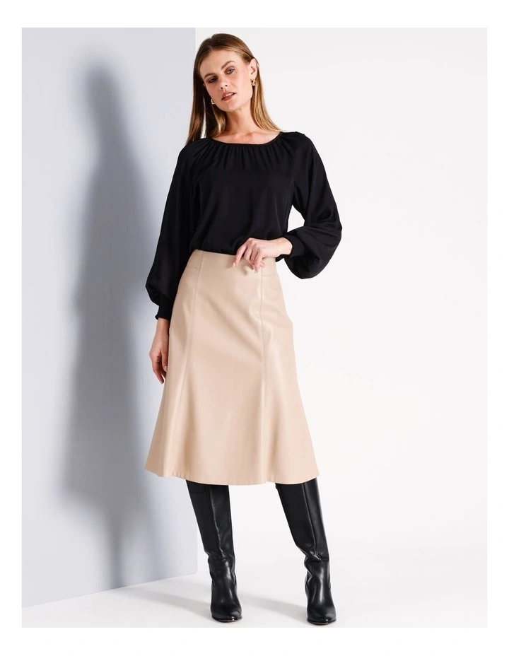 Recycled Poly Blend Gathered Neck Top in Black