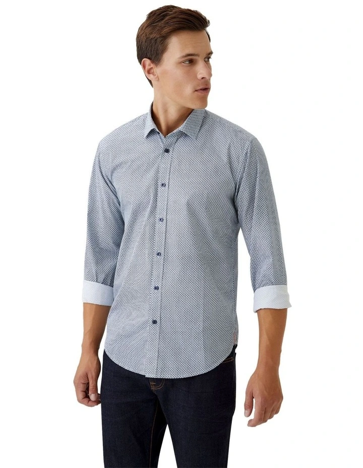 Kenton Printed Cotton Shirt in Navy/Blue