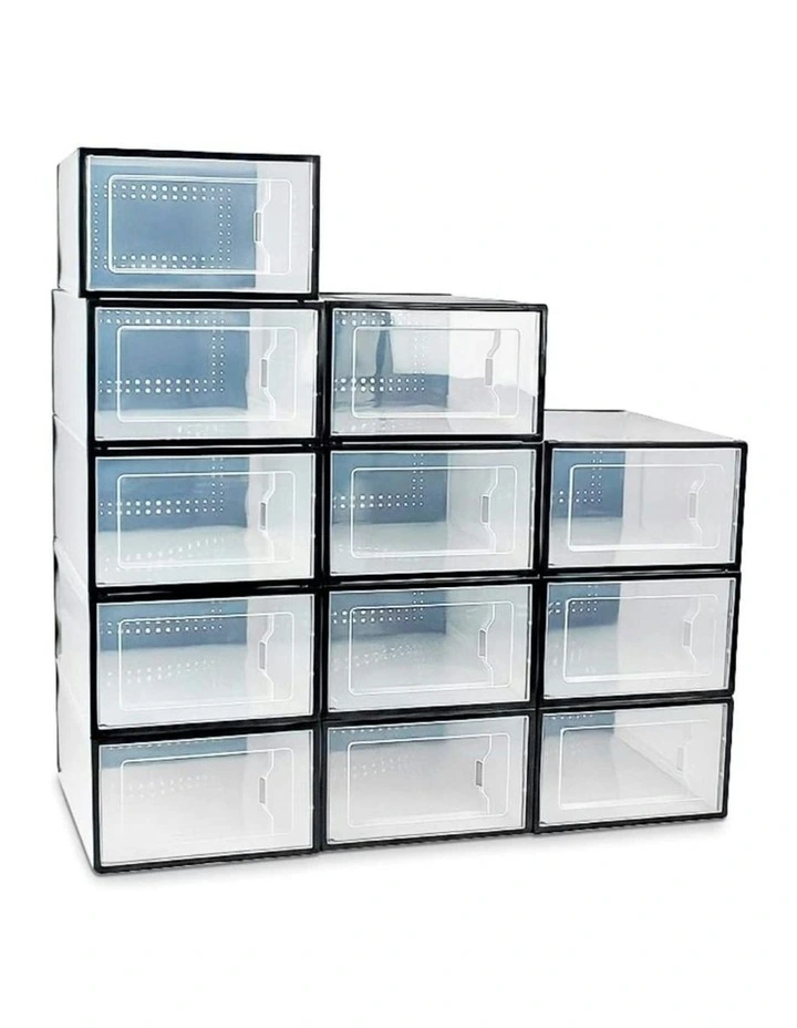 Plastic Shoe Box Stackable 12 Pieces in Transparent Black