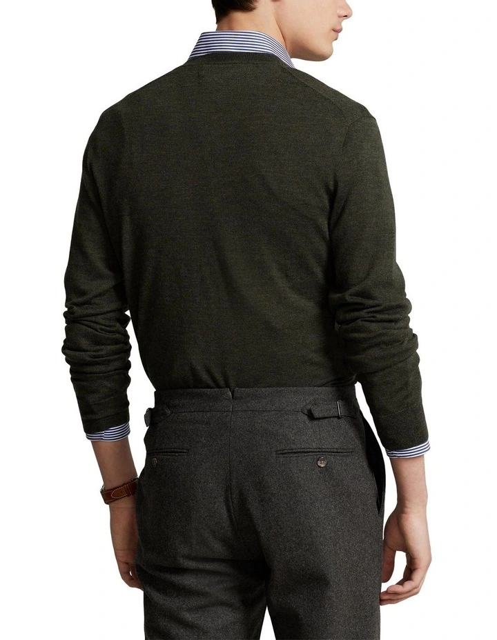 Slim Fit Washable Wool V-neck Sweater in Green