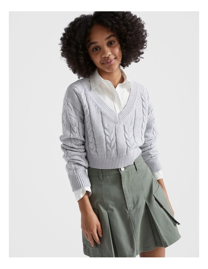 Crop V Cable Knitwear in Cloud Marle