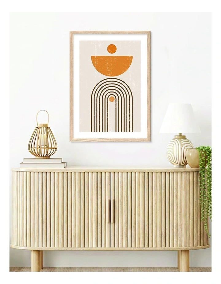 Australian Made Orange Boho Sun Arch Art Print A2 in Natural Frame