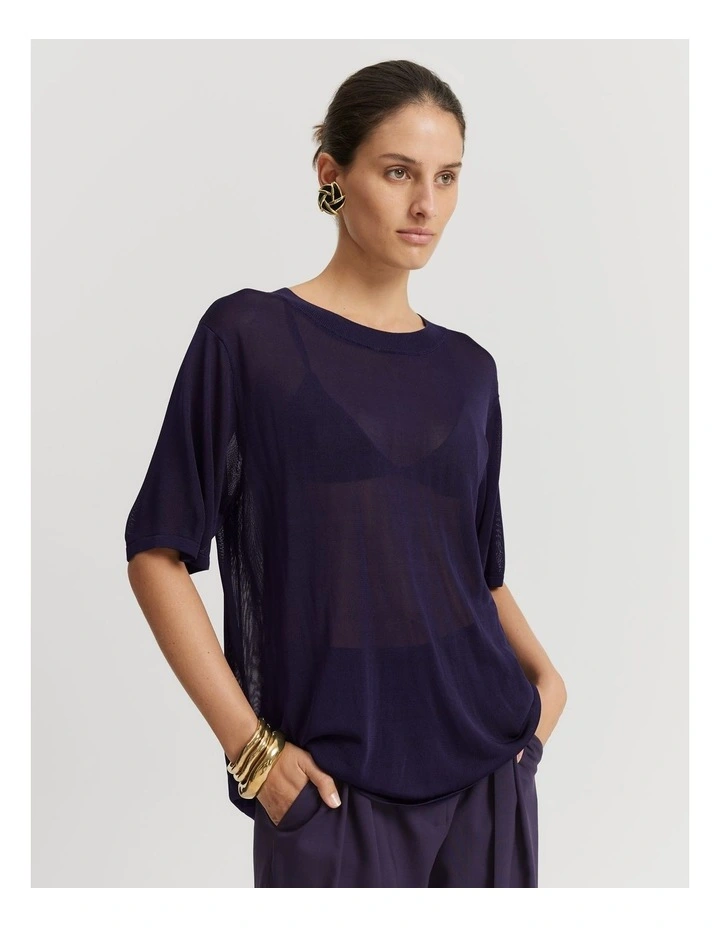 Sheer Knit T-shirt in Eggplant