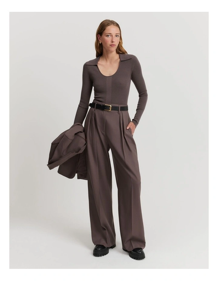 Australian Merino Wool Silk Collared Knit Jumper in Truffle