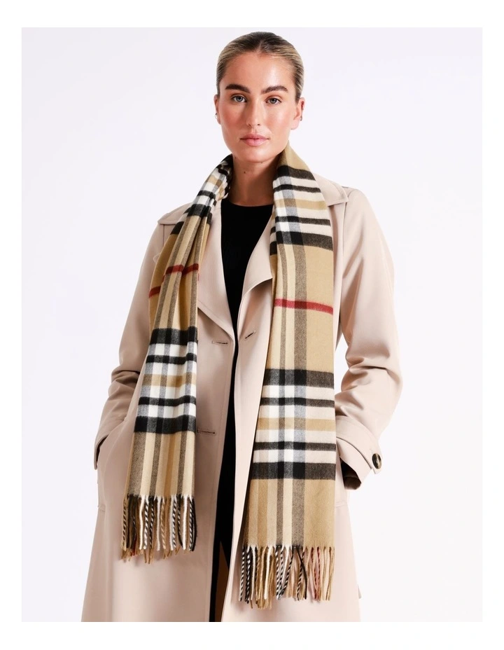 Cashmink Plaid Winter Scarf with Fringe in Camel