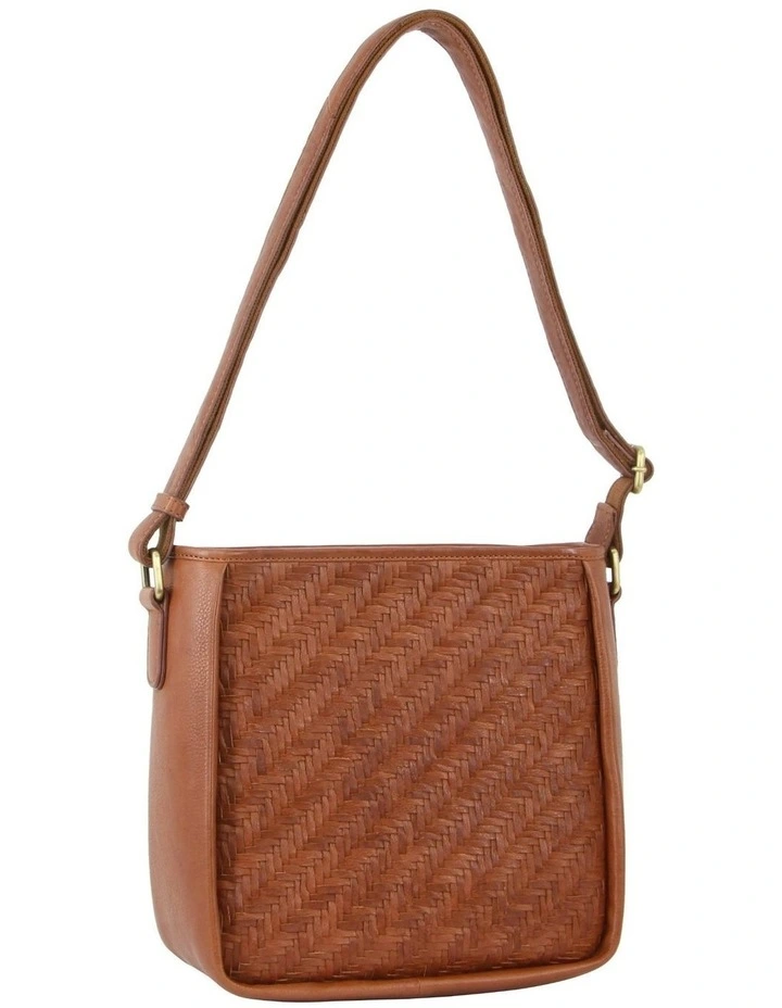 Woven Embossed Leather Cross-Body Bag in Tan