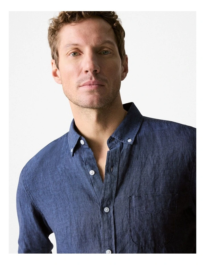 Regular Fit Delave Linen Long Sleeve Shirt in French Navy