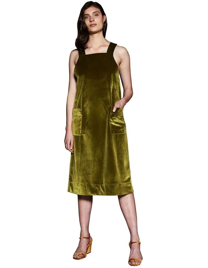 Moss Sleeveless Pinafore Dress in Green Velvet