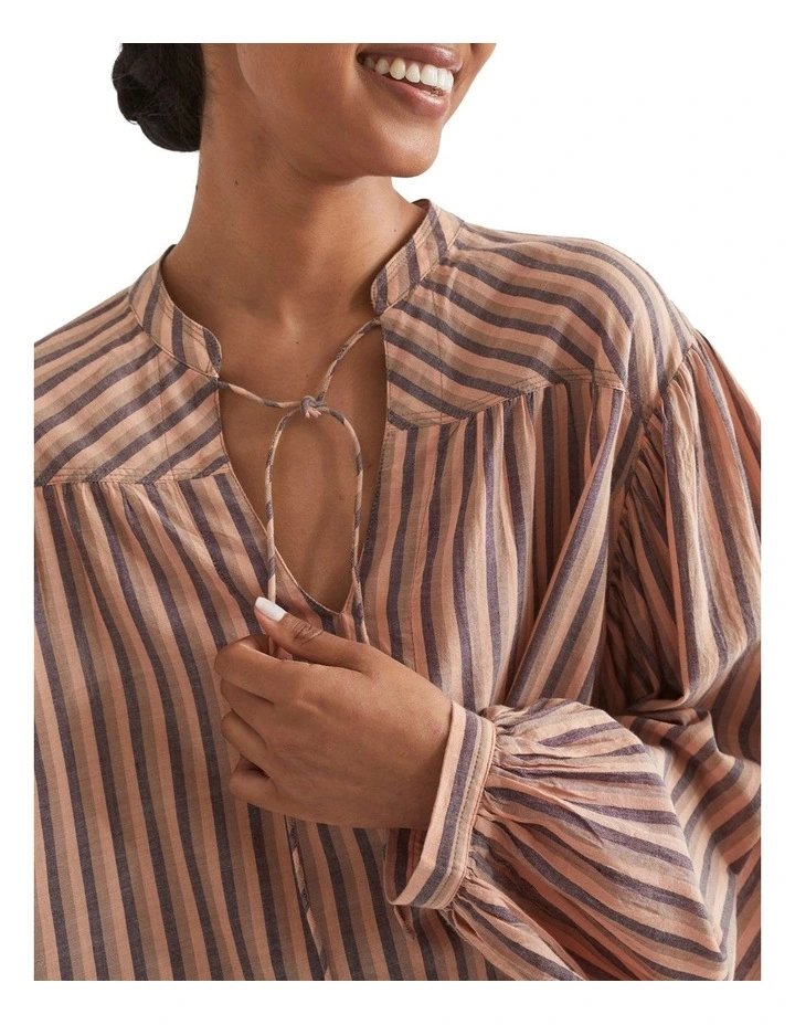 Stripe Voile Gathered Yoke Blouse