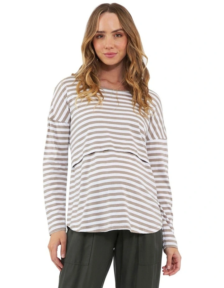 Lionel Long Sleeve Nursing Tee in Taupe/White