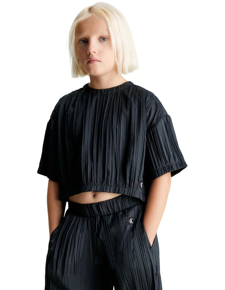 Festive Plisse Short Sleeve Top in Black