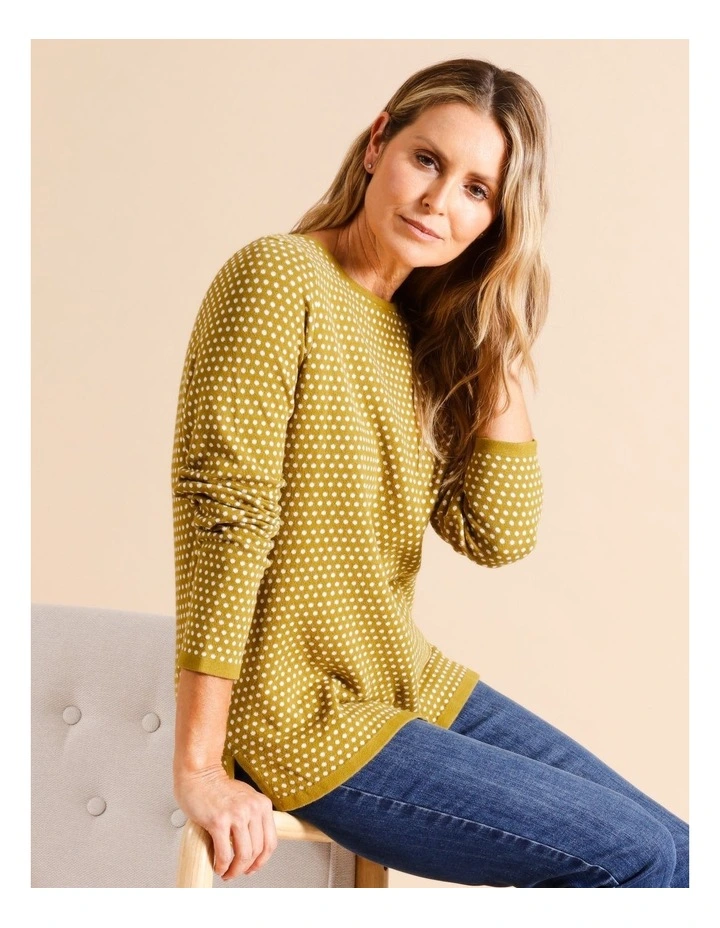 Organic Cotton Blend Spot Jumper With Solid Hem in Tarragon and Ivory Spot