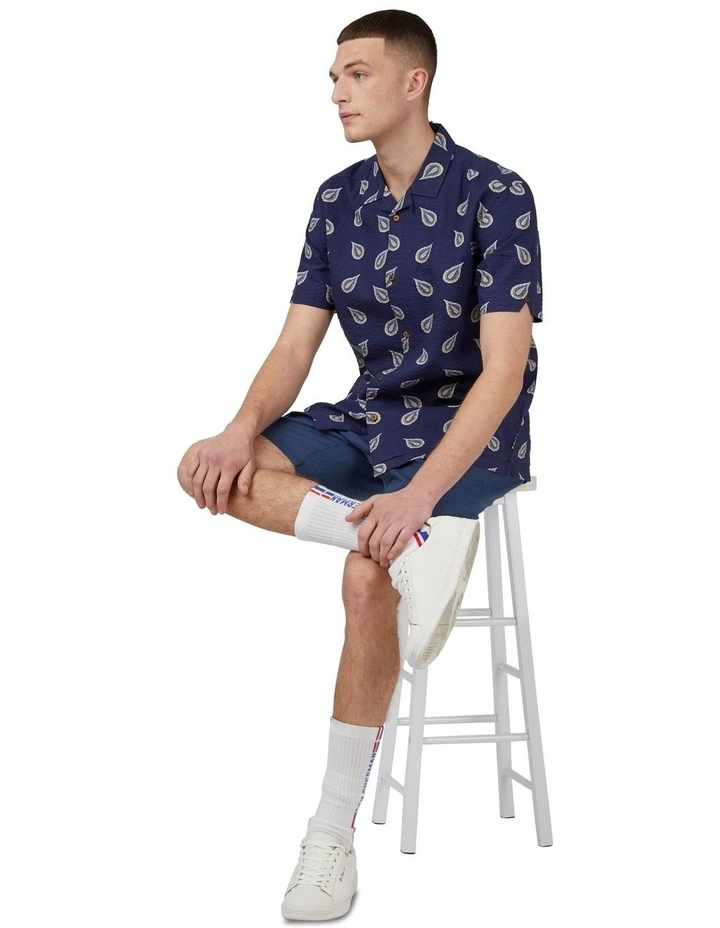 Short Sleeve Seersucker Paisley Print Shirt in Marine