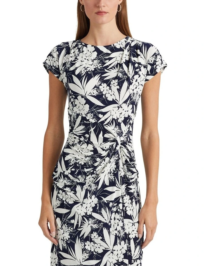 Floral Twist-Front Jersey Dress in Navy